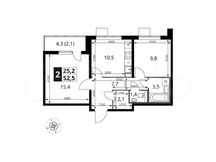 2-к. квартира, 52,5 м², 2/25 эт.