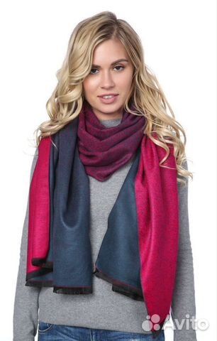 Палантин шерсть вискоза кашемир синий с малиновым