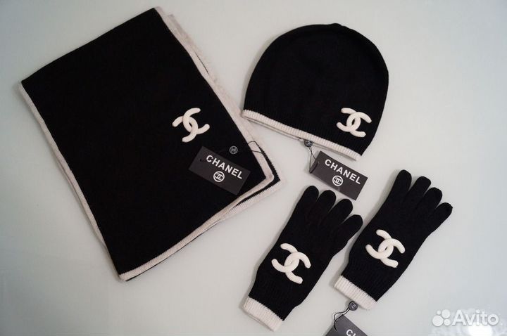 Chanel шапка+шарф+перчатки