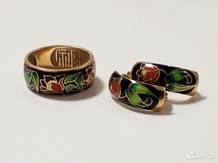 Серьги и кольцо позолота с эмалью
