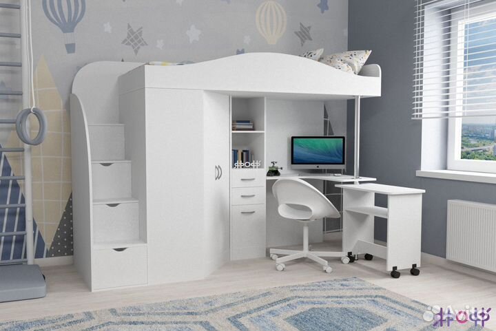 Двухэтажная кровать чердак со столом и шкафом