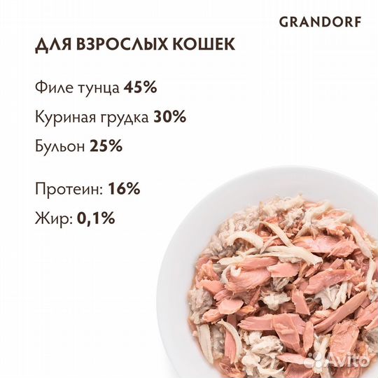 Grandorf консервы для кошек: филе тунца с куриной