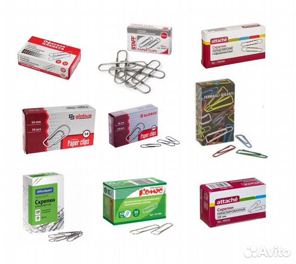 Скрепки, клей, ножницы, ручки