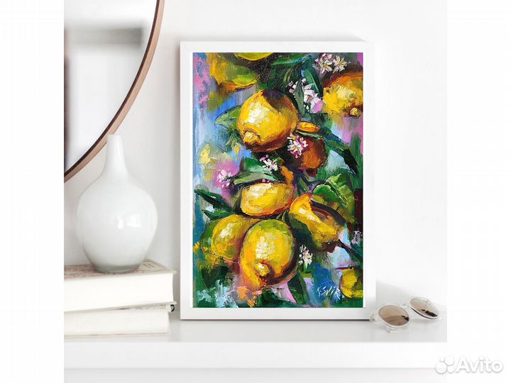 Картина лимоны на ветке маслом на холсте, фрукты