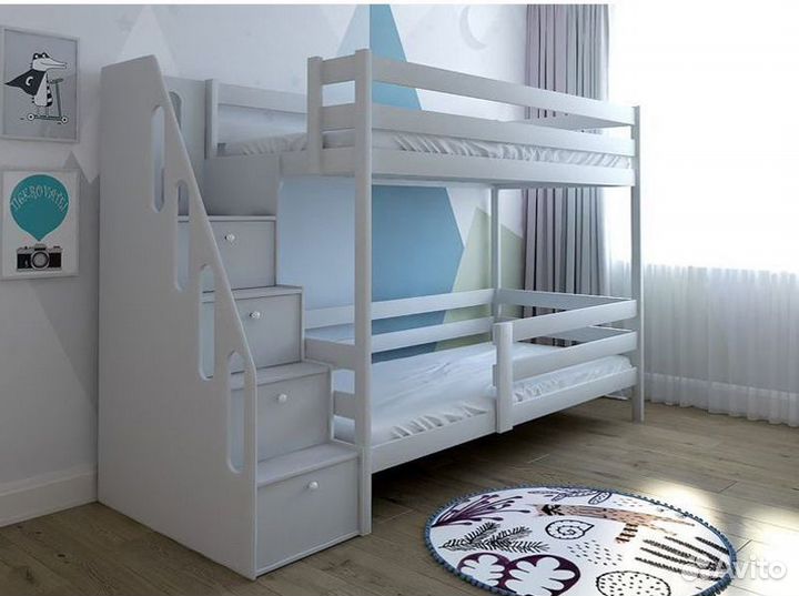 Двухъярусная детская кровать с лестницей комодом