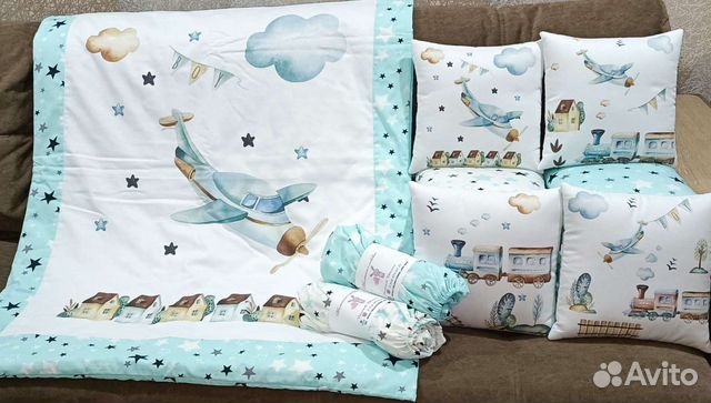 Комплект в кроватку, бортики подушки, новый, сатин