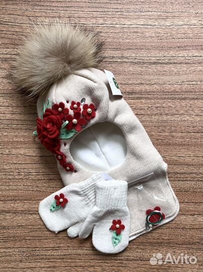 Шапка шлем и варежки руч/роспись натур помпон