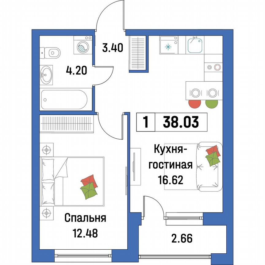 1-к. квартира, 38 м², 2/16 эт.