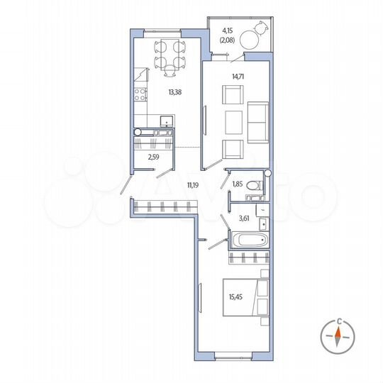 2-к. квартира, 64,9 м², 3/7 эт.