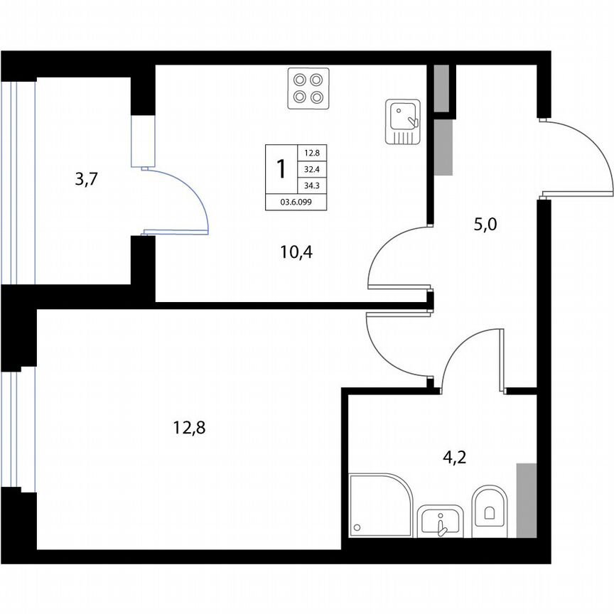 1-к. квартира, 34,3 м², 3/3 эт.