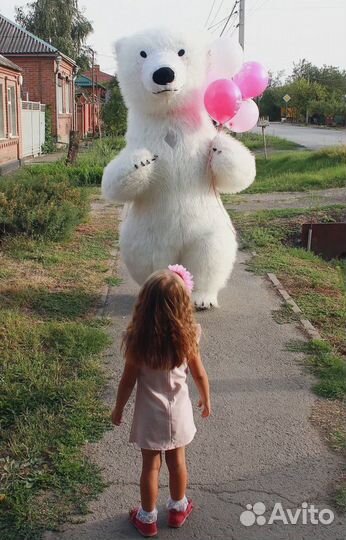 Белый мишка, цветы, поздравление, аниматор