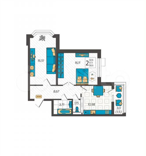 2-к. квартира, 58,6 м², 2/9 эт.
