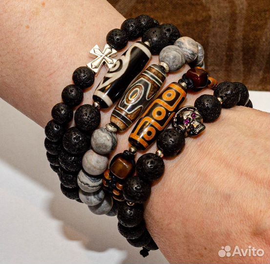 Браслет с бусиной Дзи из натуральных камней