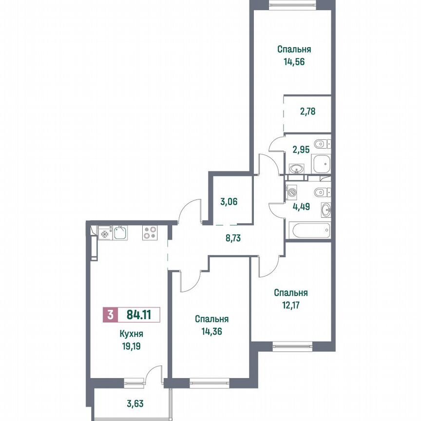 3-к. квартира, 84,1 м², 4/16 эт.