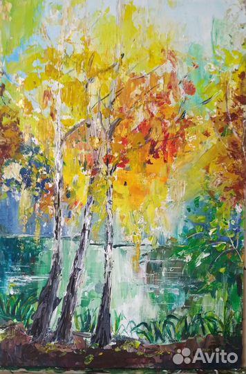 Картина осень акрил холст мастихин три берёзки