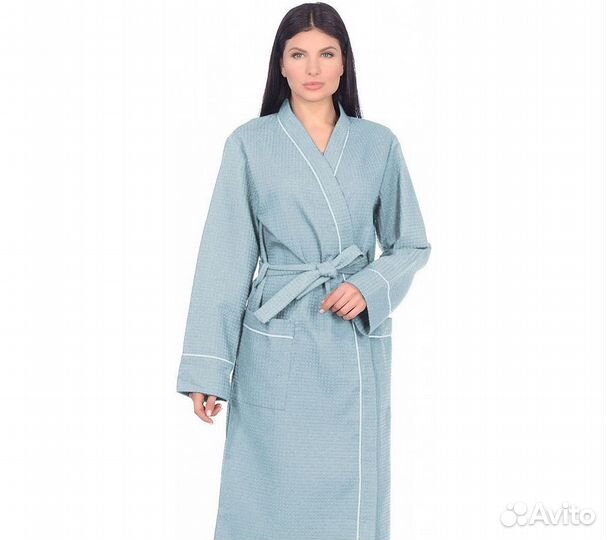 Халат вафельный Home One с кантом голубой 50