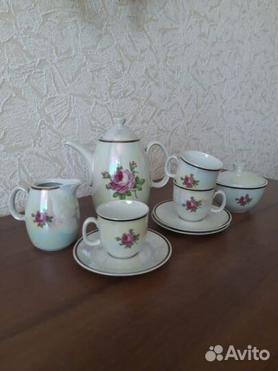 Кофейный фарфоровый сервиз Чайная роза ГДР