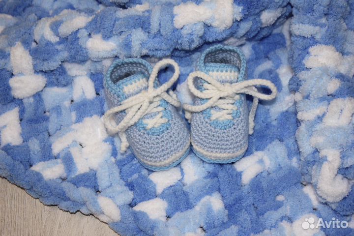 Вязаный плюшевый плед подарок новорожденному новый