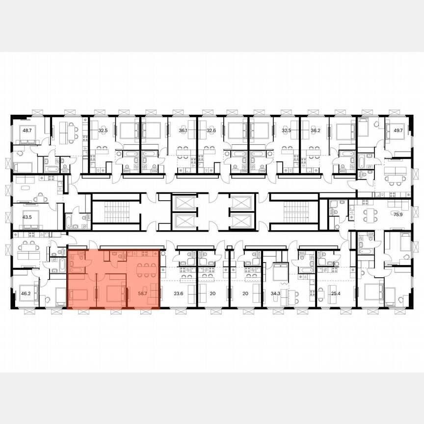 2-к. квартира, 58,7 м², 22/25 эт.