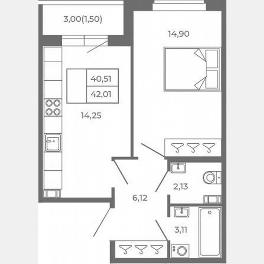 1-к. квартира, 40,5 м², 3/4 эт.