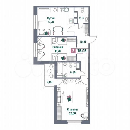 2-к. квартира, 75,1 м², 5/15 эт.