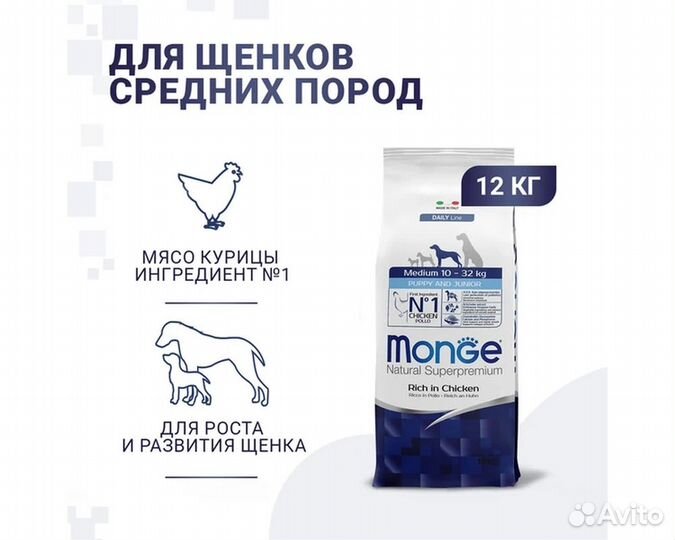Корм Monge для щенков средних пород, курица, 12кг