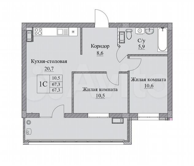 2-к. квартира, 67,3 м², 2/4 эт.