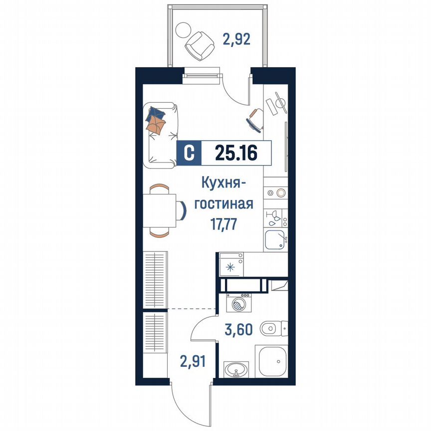 Квартира-студия, 25,2 м², 9/18 эт.