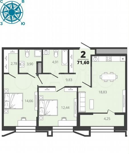 2-к. квартира, 71,6 м², 17/19 эт.