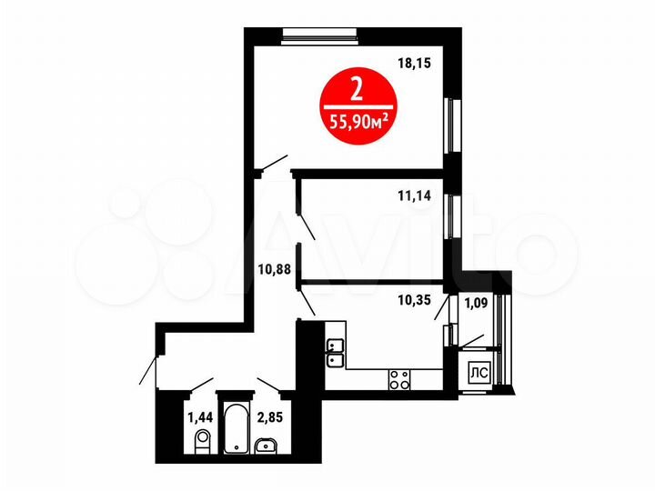 2-к. квартира, 55,9 м², 12/25 эт.