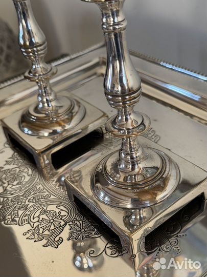 Поднос, подсвечник серебрение антикварные. Англия