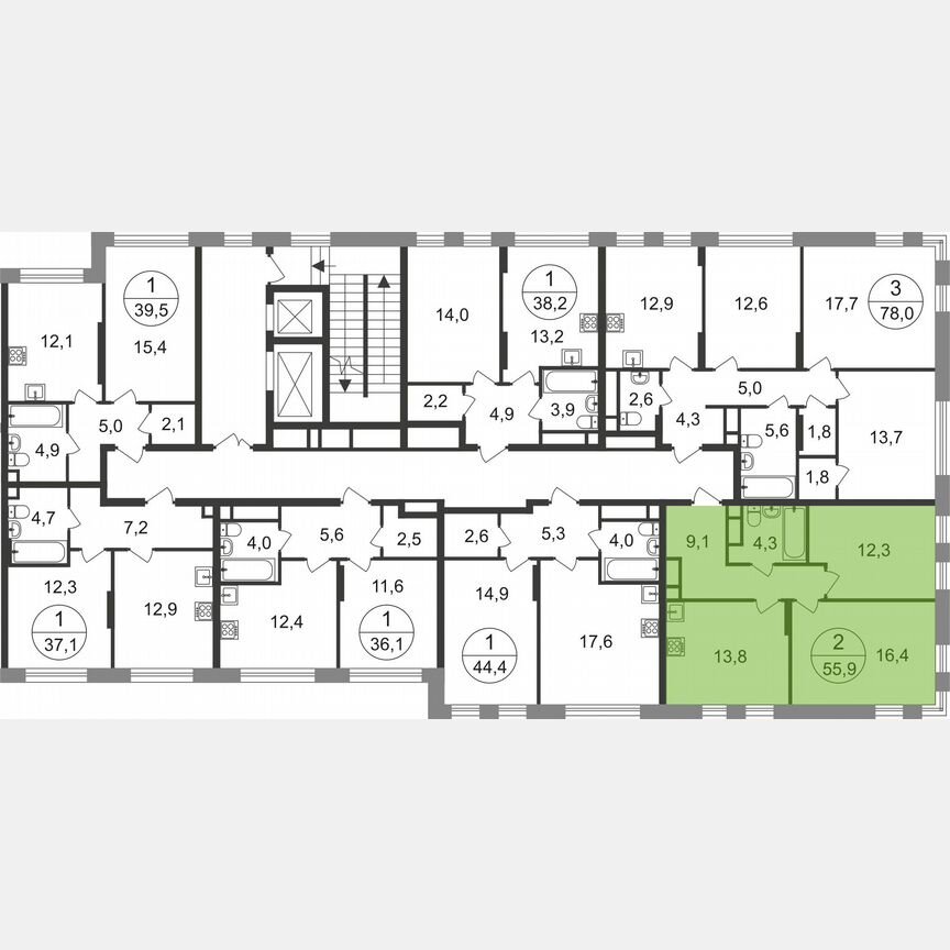 2-к. квартира, 55,9 м², 2/17 эт.