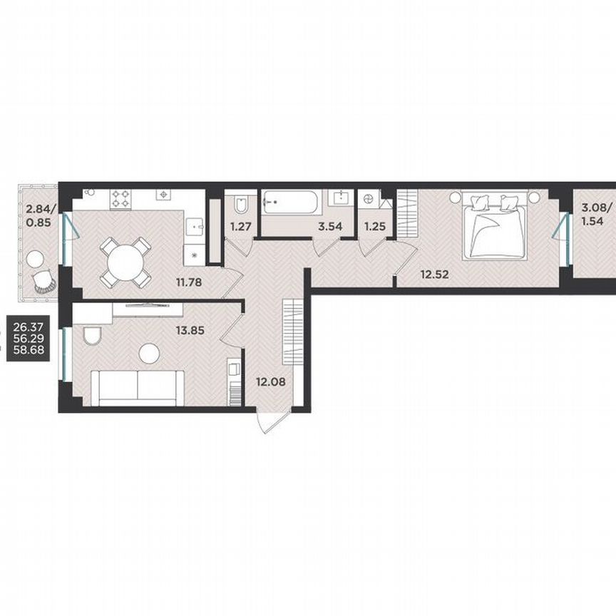 2-к. квартира, 58,7 м², 3/4 эт.