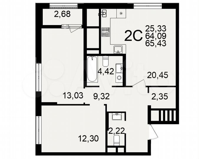 2-к. квартира, 65,4 м², 14/26 эт.