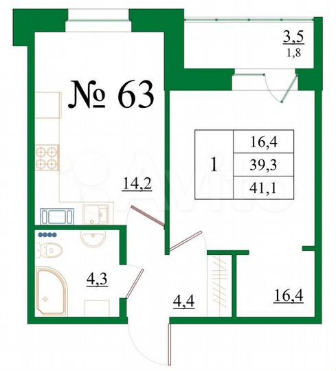 1-к. квартира, 41,1 м², 8/8 эт.