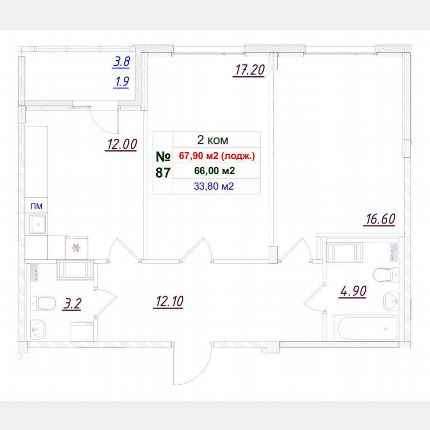 2-к. квартира, 66,5 м², 4/12 эт.