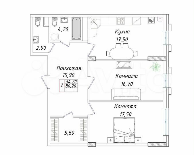 2-к. квартира, 80,2 м², 7/8 эт.