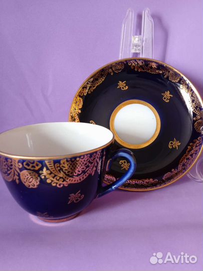 Чайная пара Золотой фриз, кобальт, лфз