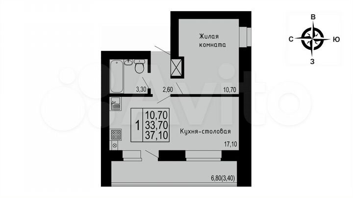 1-к. квартира, 37,1 м², 1/5 эт.