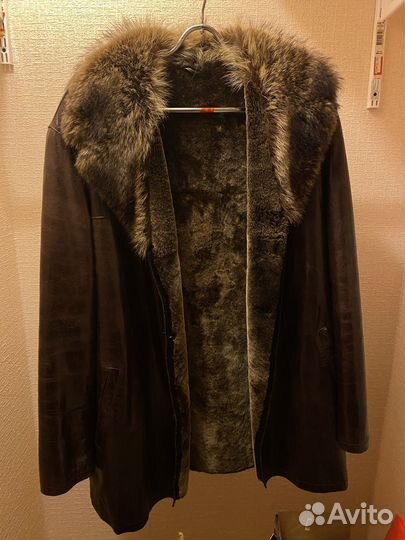 Зимняя кожаная куртка на меху мужская 58