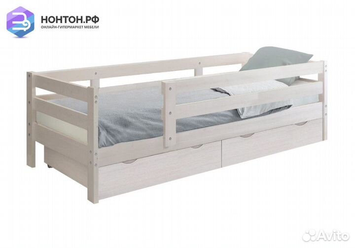 Кровать Норка с ящиками и бортиком выбеленная бере