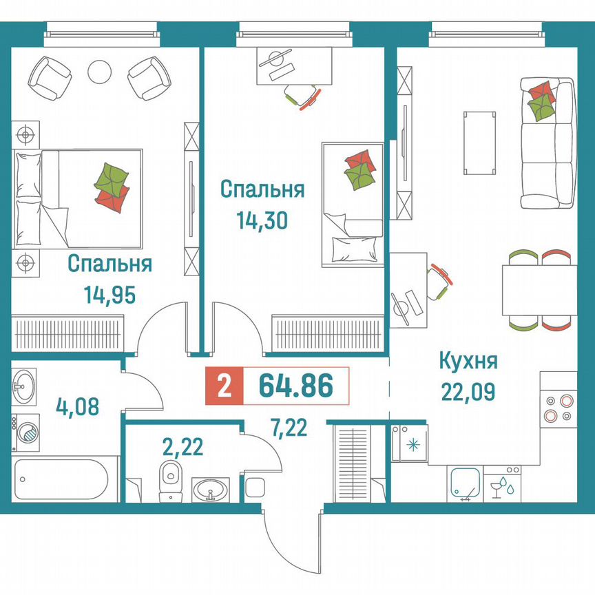 2-к. квартира, 64,9 м², 1/18 эт.