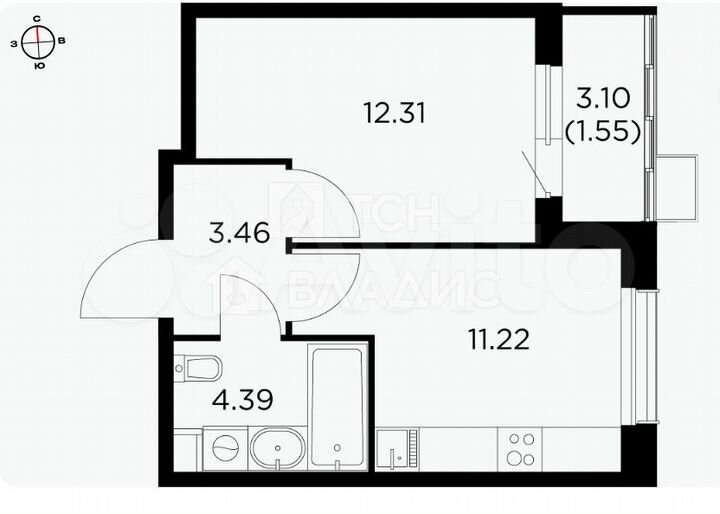 1-к. квартира, 34,4 м², 11/15 эт.