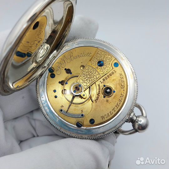 Большие серебряные карманные часы Waltham с цепью