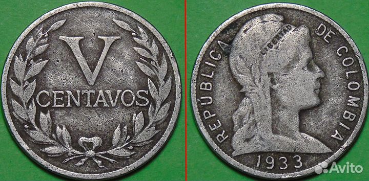 Колумбия 5 сентаво 1933 год