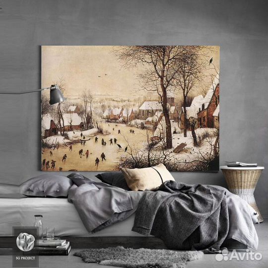 Картина-Зимний пейзаж с катающимися на коньках