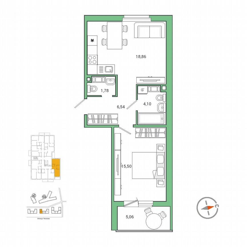 1-к. квартира, 49,5 м², 6/9 эт.