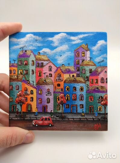 Магнит картина миниатюра акрилом на холсте Город