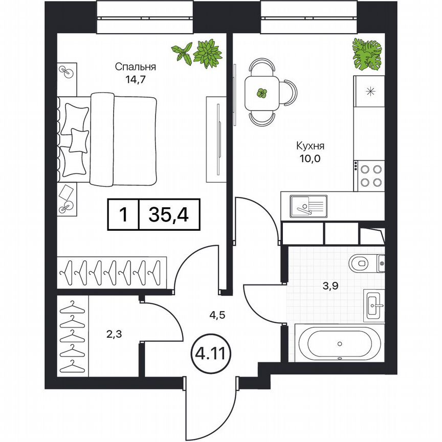 1-к. квартира, 35,4 м², 6/17 эт.