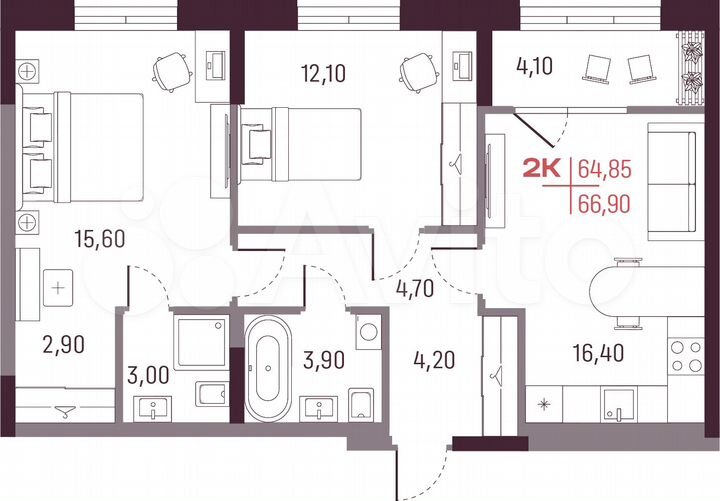 2-к. квартира, 64,9 м², 5/25 эт.